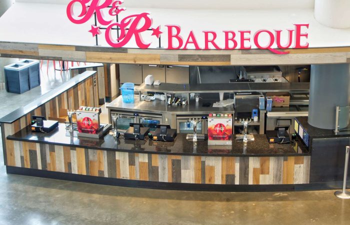 Commercial food counter at R&R Barbeque with custom granite installation
